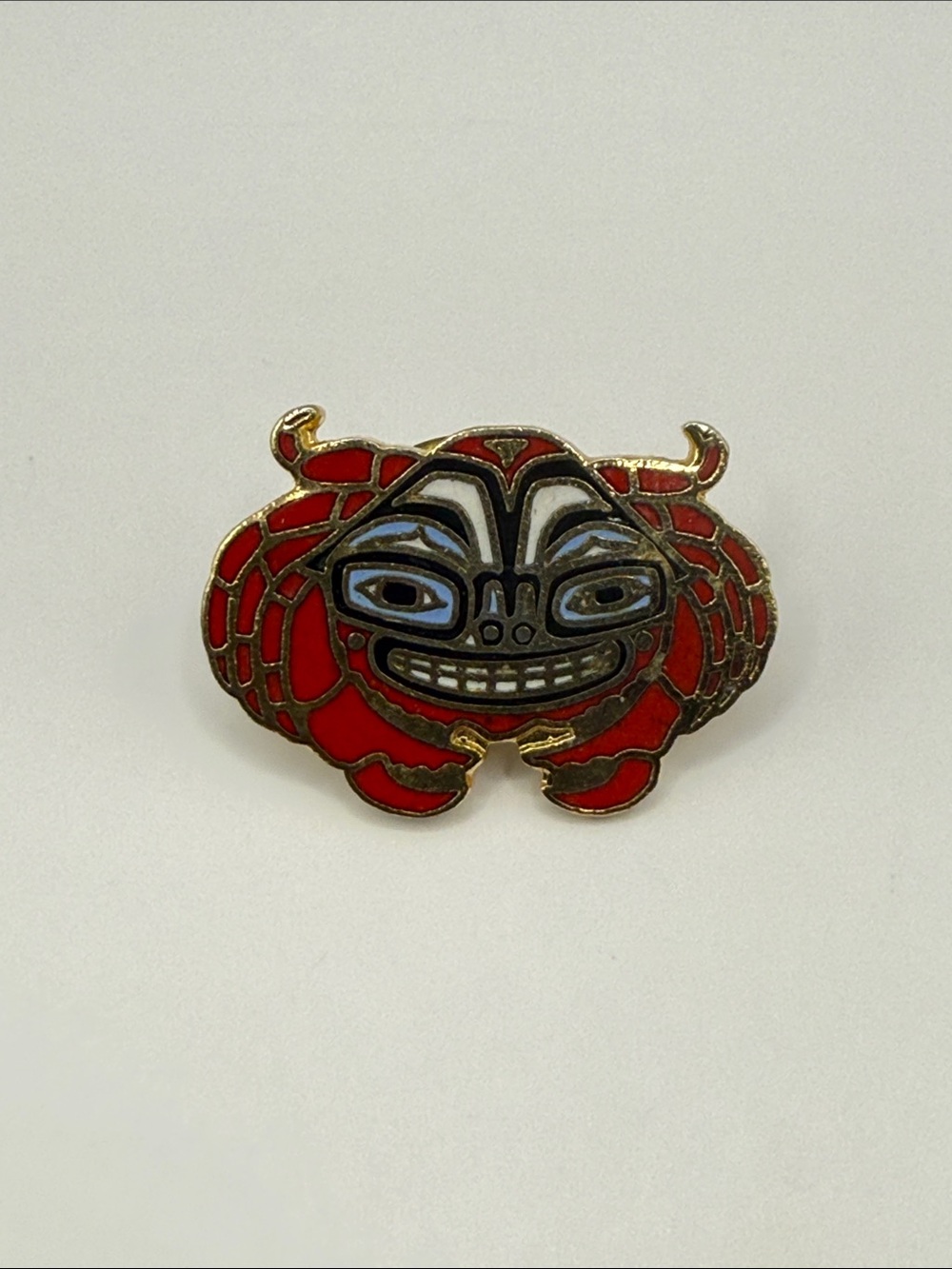Pacific Northwest Native American Art Crab Totem Gold Tone Red Enamel Pin
